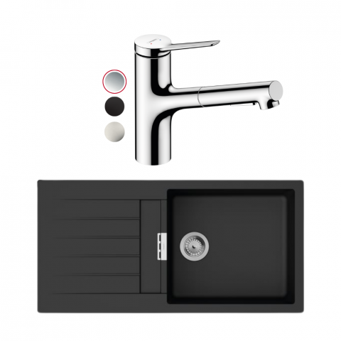 Pack evier 1 bac HANSGROHE S52 synthèse noir + robinet de cuisine avec douchette HANSGROHE Zesis M33 150 2 jets