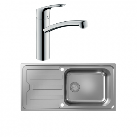 Evier 1 bac HANSGROHE S44 inox + robinet de cuisine HANSGROHE Focus M41 160 chromé