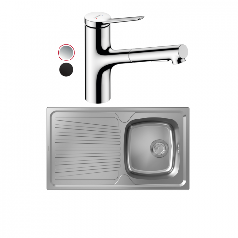 Evier 1 bac HANSGROHE S21 inox + robinet de cuisine avec douchette HANSGROHE Zesis M33 150 2 jets