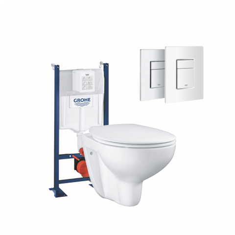 Pack WC suspendu sans bride GROHE Bau ceramic + Bâti support + abattant + plaque carré