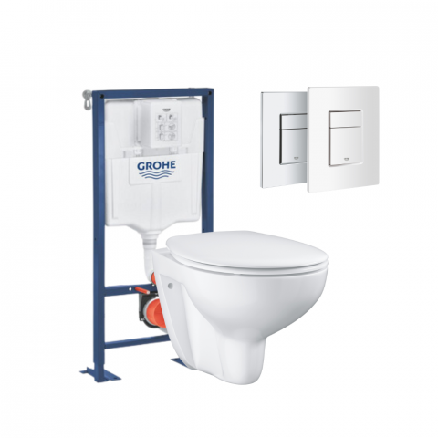 Pack WC suspendu sans bride GROHE Bau ceramic + Bâti support Solido + abattant + plaque carré