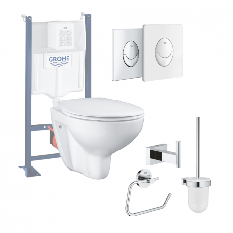 Pack WC suspendu GROHE Bau ceramic + Bâti support SL Rapid + abattant + plaque ovale