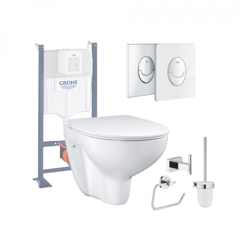 Pack WC sans bride Bau Ceramic Slim + abattant + Bati support autoportant + Plaque commande ovale