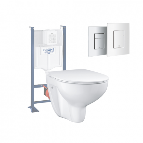 Pack WC sans bride Bau Ceramic Slim avec abattant + Bati support Solido + Plaque de commande carré