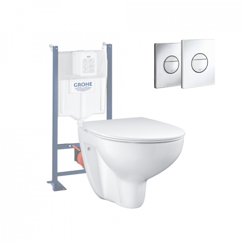 Pack WC sans bride Bau Ceramic Set de toilette Slim avec abattant + Bâti support Rapid SL + Plaque de commande WC rond