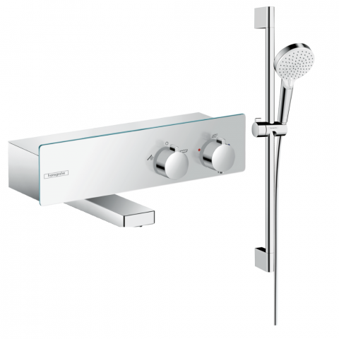 Mitigeur baignoire thermostatique HANSGROHE ShowerTablet 350 chromé + pack pommeau de douche Crometta 2 jets + flexible + barre