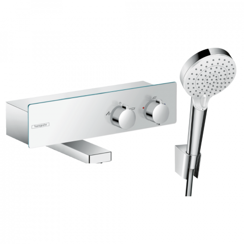 Mitigeur baignoire thermostatique HANSGROHE ShowerTablet 350 chromé + pack pommeau de douche Crometta 2 jets + support + flexible