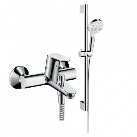 Mitigeur baignoire mécanique HANSGROHE Focus chromé + pack pommeau de douche Crometta 2 jets + flexible + barre