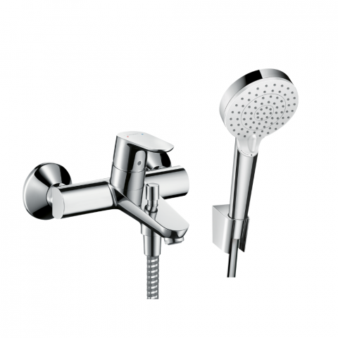 Mitigeur baignoire mécanique HANSGROHE Focus chromé + pack pommeau de douche Crometta 2 jets + support + flexible