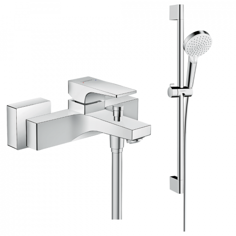 Mitigeur baignoire mécanique HANSGROHE Metropol chromé + pack pommeau de douche Crometta 2 jets + flexible + barre