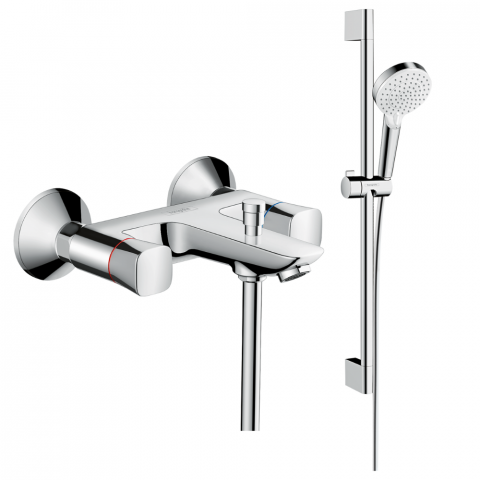 Mélangeur baignoire HANSGROHE Logis + pack pommeau de douche Crometta 2 jets + flexible + barre