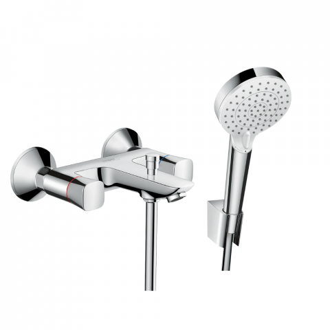 Mélangeur baignoire HANSGROHE Logis + pack pommeau de douche Crometta 2 jets + support + flexible