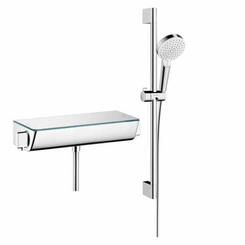 Mitigeur douche thermostatique HANSGROHE Ecostat Select EcoSmart chromé + pack pommeau de douche Crometta 2 jets + flexible + barre