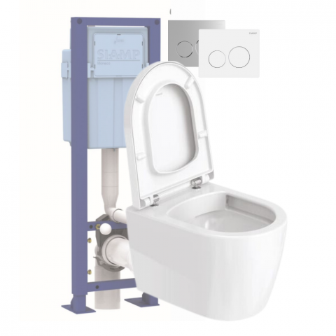 Pack WC suspendu compact sans bride DURAVIT Me by Starck avec abattant frein de chute + bati support SIAMP + Plaque de commande 