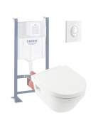 WC suspendu sans bride VILLEROY ET BOCH Architectura + abattant + bati support GROHE + plaque de commande