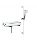 Mitigeur douche thermostatique HANSGROHE Ecostat Select EcoSmart chromé + pack pommeau de douche Crometta 2 jets + flexible + barre