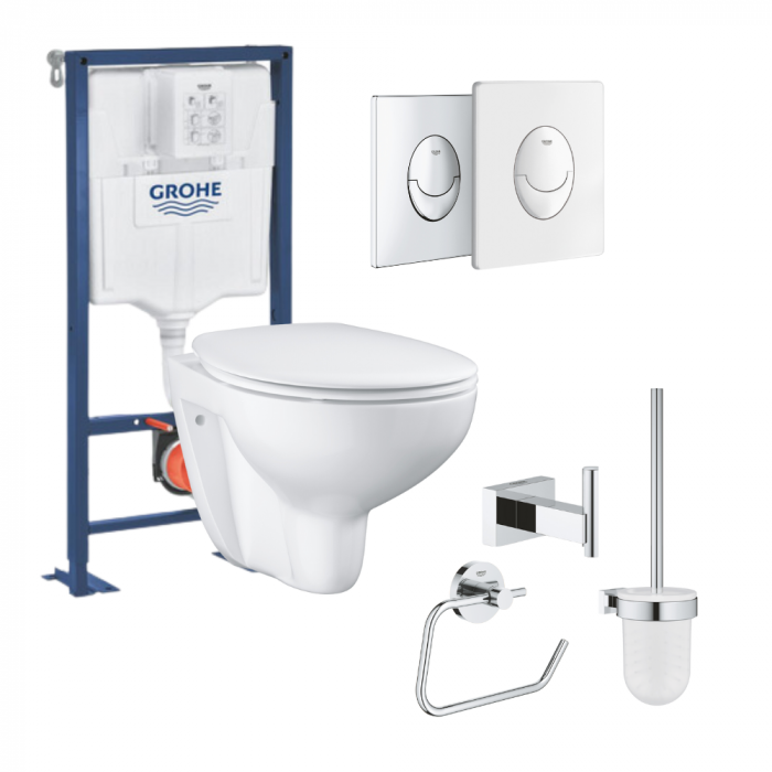 Pack WC suspendu sans bride GROHE Bau ceramic Bati support Solido abattant plaque ovale